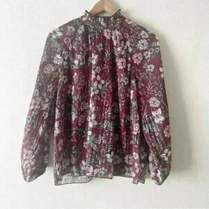 Topshop Sz 8 Womens Dark Red Floral Print Mock Neck Shirt Blouse Prairie Boho